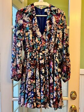 Badgley Mischka Floral Multicolor Long Sleeve V-Neck Dress Flouncey Flair
